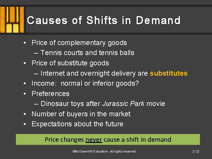 Causes of Shifts in Demand • Price of complementary goods – Tennis courts and