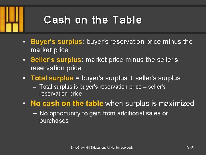 Cash on the Table • Buyer's surplus: buyer's reservation price minus the market price Cash on the Table • Buyer's surplus: buyer's reservation price minus the market price