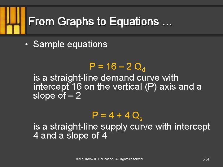 From Graphs to Equations … • Sample equations P = 16 – 2 Qd