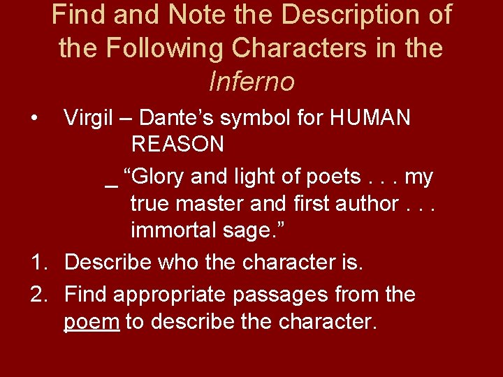Find and Note the Description of the Following Characters in the Inferno • Virgil Find and Note the Description of the Following Characters in the Inferno • Virgil
