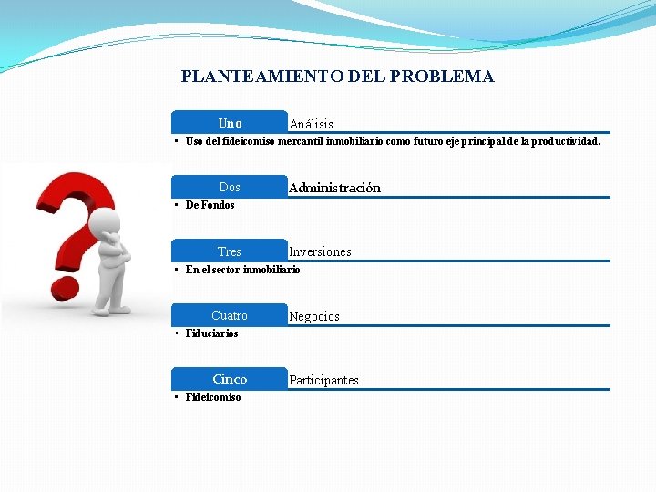 PLANTEAMIENTO DEL PROBLEMA Uno Análisis • Uso del fideicomiso mercantil inmobiliario como futuro eje PLANTEAMIENTO DEL PROBLEMA Uno Análisis • Uso del fideicomiso mercantil inmobiliario como futuro eje