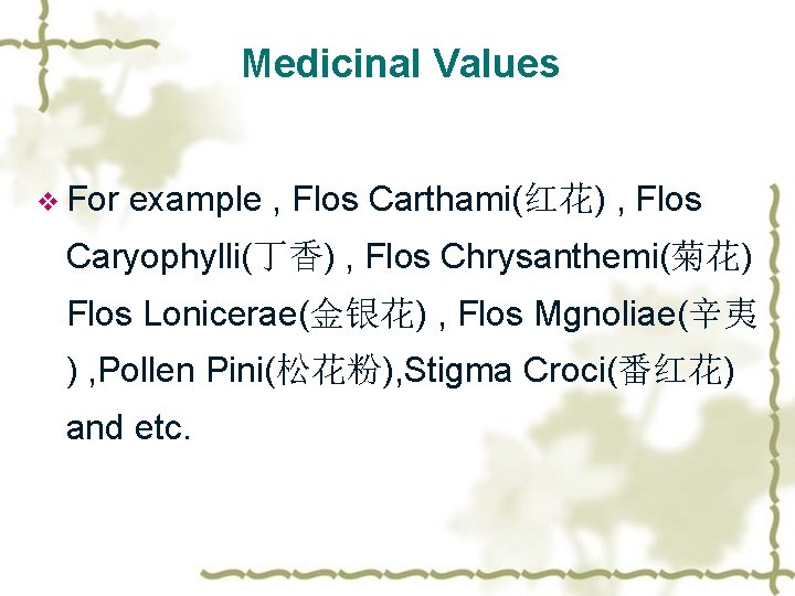 Medicinal Values v For example , Flos Carthami(红花) , Flos Caryophylli(丁香) , Flos Chrysanthemi(菊花)