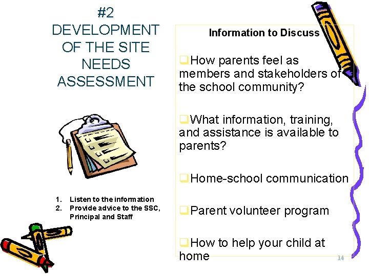 #2 DEVELOPMENT Information to Discuss OF THE SITE q. How parents feel as NEEDS