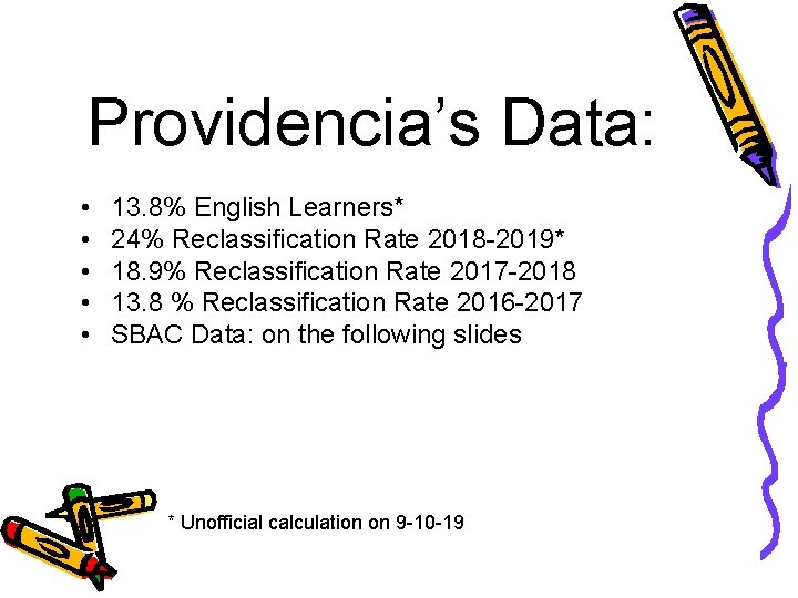 Providencia’s Data: • • • 13. 8% English Learners* 24% Reclassification Rate 2018 -2019*