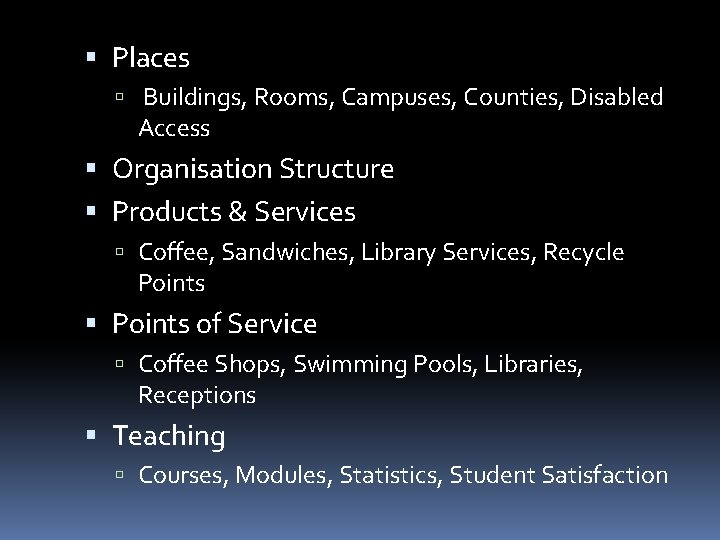  Places Buildings, Rooms, Campuses, Counties, Disabled Access Organisation Structure Products & Services Coffee,