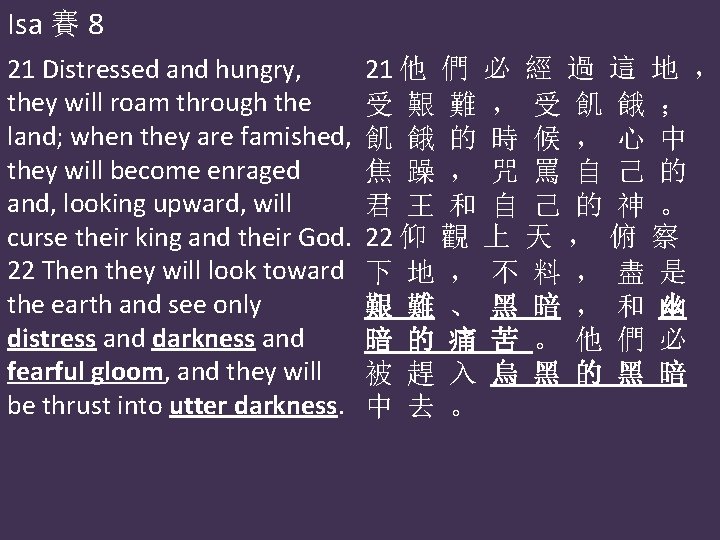 Isa 賽 8 21 Distressed and hungry, they will roam through the land; when