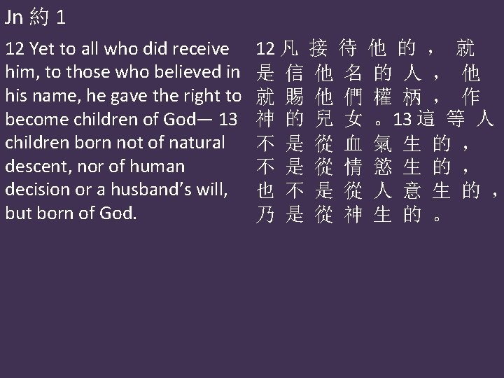 Jn 約 1 12 Yet to all who did receive him, to those who