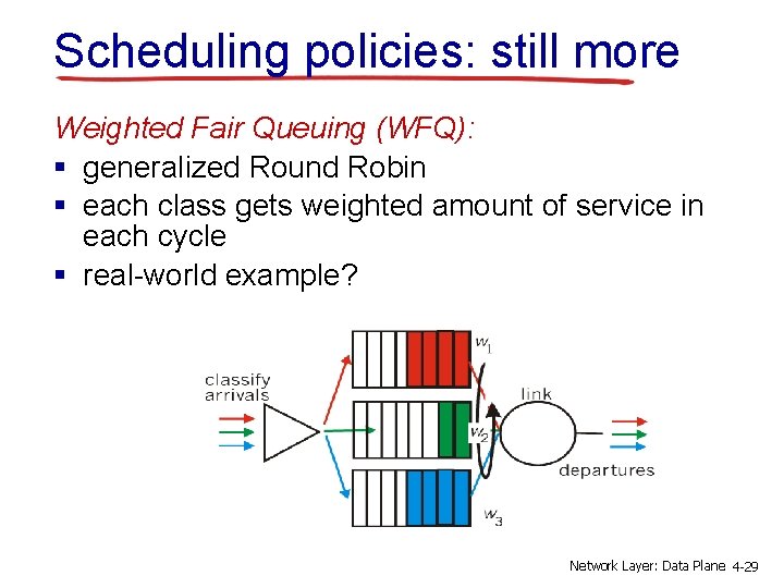 Scheduling policies: still more Weighted Fair Queuing (WFQ): § generalized Round Robin § each