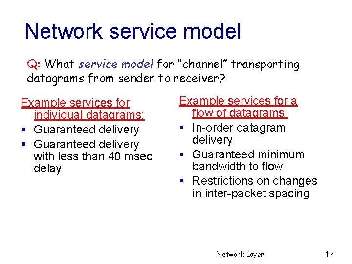 Network service model Q: What service model for “channel” transporting datagrams from sender to