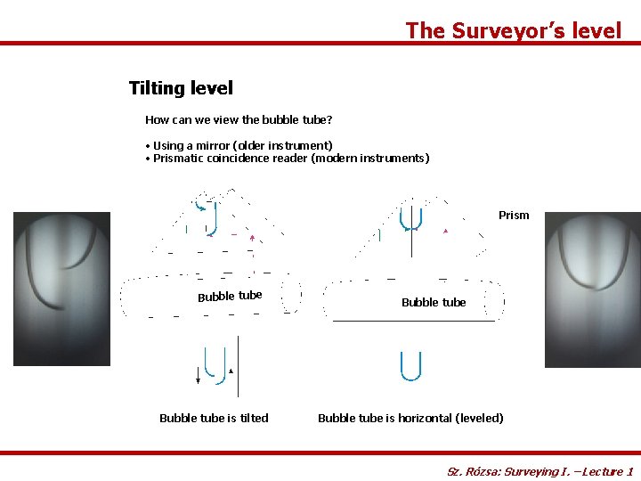 The Surveyor’s level Tilting level How can we view the bubble tube? • Using