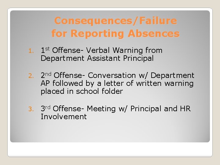 Consequences/Failure for Reporting Absences 1. 1 st Offense- Verbal Warning from Department Assistant Principal