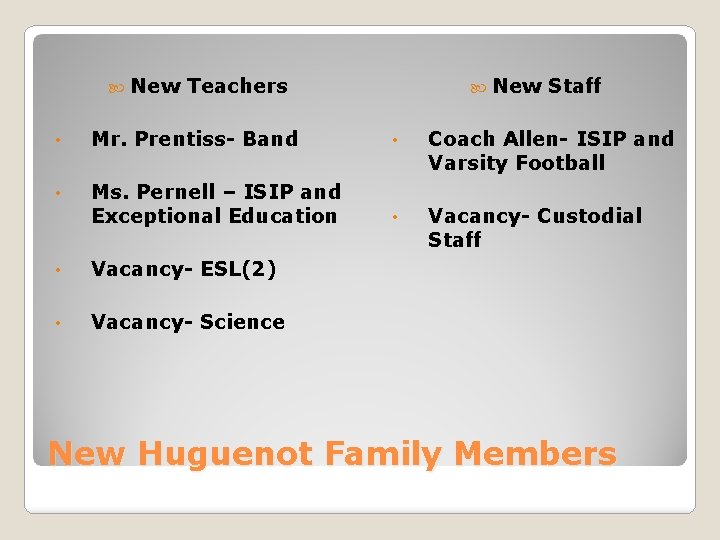  New Teachers New Staff • Mr. Prentiss- Band • Coach Allen- ISIP and