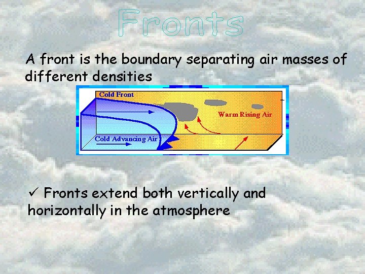 A front is the boundary separating air masses of different densities ü Fronts extend