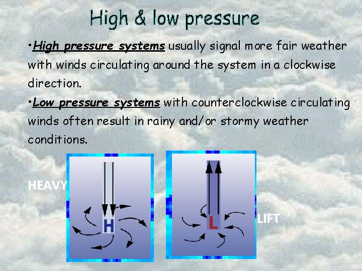  • High pressure systems usually signal more fair weather with winds circulating around