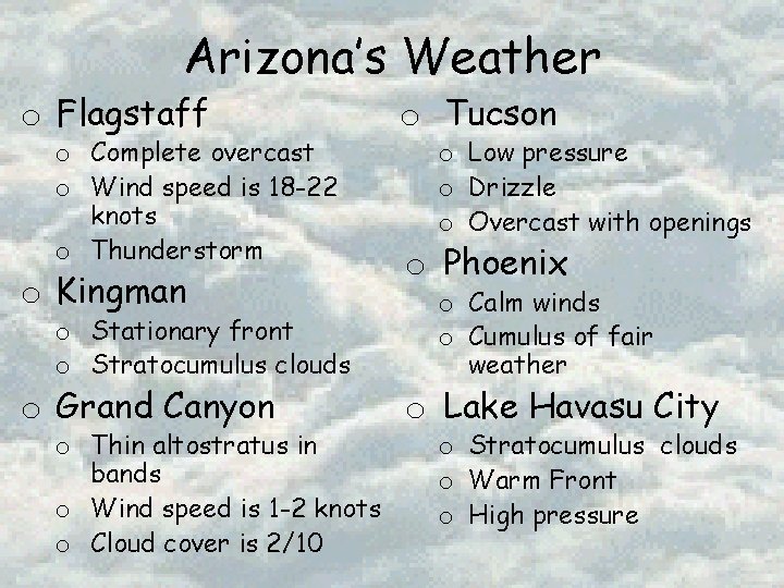 Arizona’s Weather o Flagstaff o Complete overcast o Wind speed is 18 -22 knots