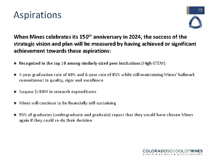 Aspirations When Mines celebrates its 150 th anniversary in 2024, the success of the