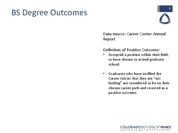6 BS Degree Outcomes Data source: Career Center Annual Report Definition of Positive Outcome: