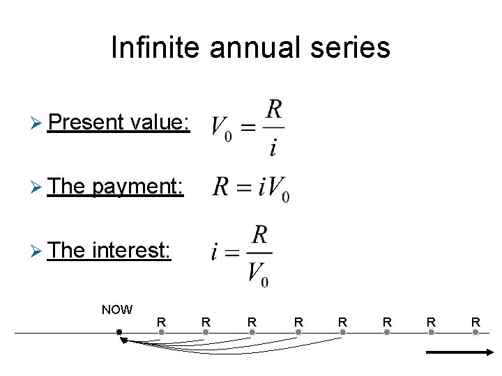 Infinite annual series Ø Present value: Ø The payment: Ø The interest: NOW R