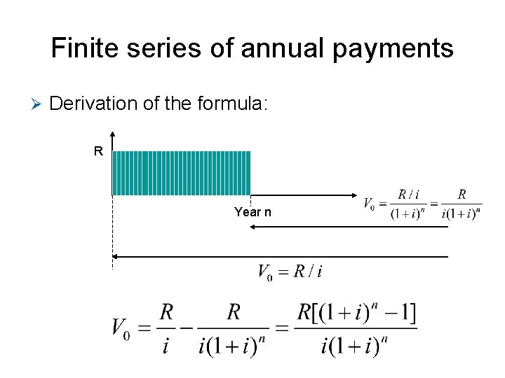 Finite series of annual payments Ø Derivation of the formula: R Year n 