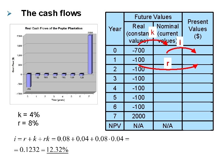 Ø The cash flows Future Values Year k = 4% r = 8% Real