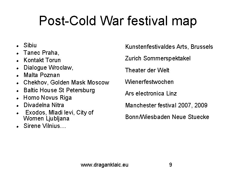 Post-Cold War festival map Sibiu Tanec Praha, Kontakt Torun Dialogue Wroclaw, Malta Poznan Chekhov,