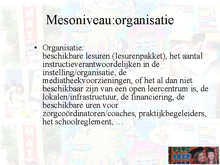 Mesoniveau: organisatie • Organisatie: beschikbare lesuren (lesurenpakket), het aantal instructieverantwoordelijken in de instelling/organisatie, de