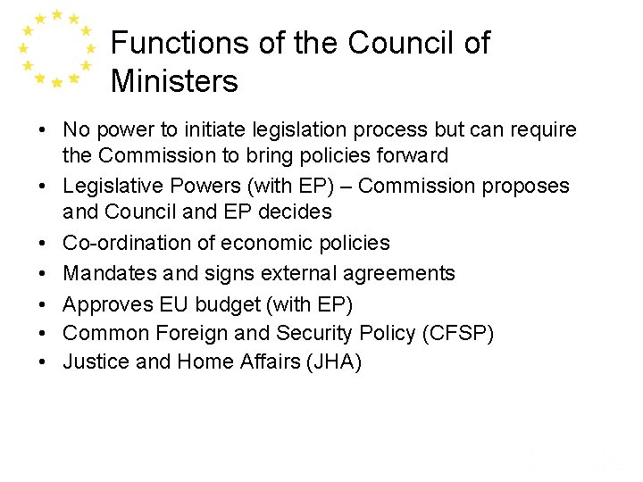 Functions of the Council of Ministers • No power to initiate legislation process but