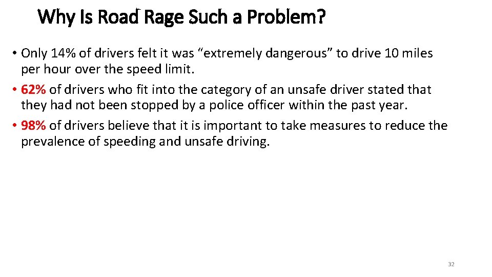 Why Is Road Rage Such a Problem? • Only 14% of drivers felt it