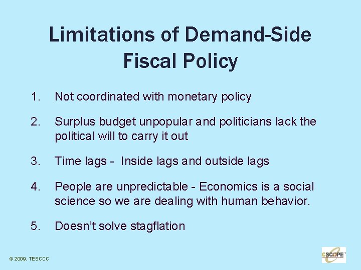 Limitations of Demand-Side Fiscal Policy 1. Not coordinated with monetary policy 2. Surplus budget