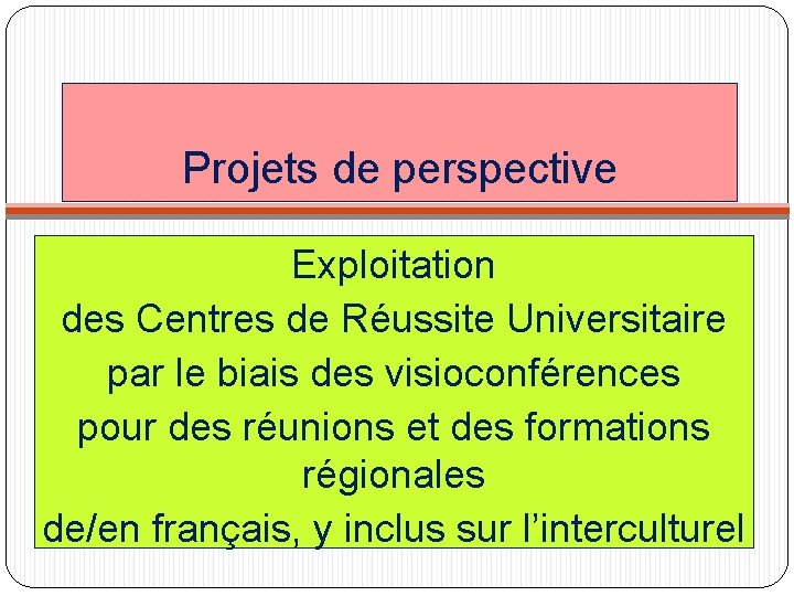 Projets de perspective Exploitation des Centres de Réussite Universitaire par le biais des visioconférences