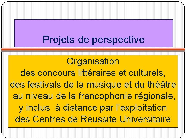 Projets de perspective Organisation des concours littéraires et culturels, des festivals de la musique