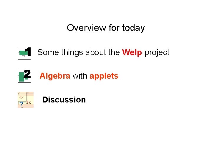 Overview for today • Some things about the Welp-project • Algebra with applets • Overview for today • Some things about the Welp-project • Algebra with applets •