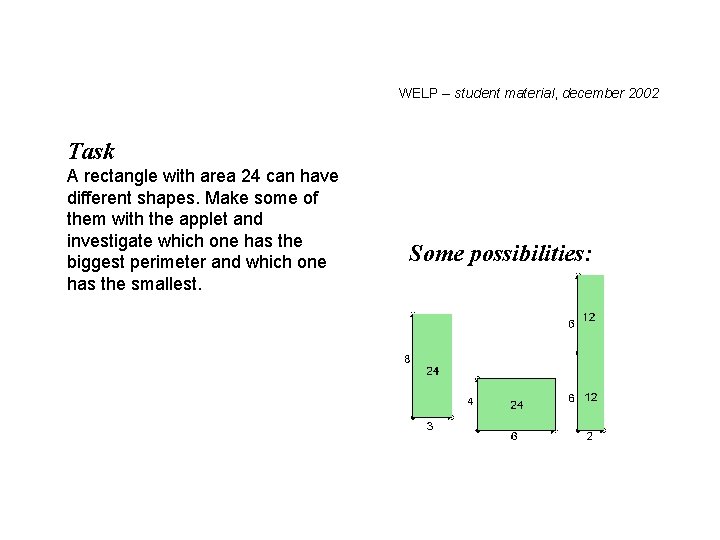 WELP – student material, december 2002 Task A rectangle with area 24 can have WELP – student material, december 2002 Task A rectangle with area 24 can have
