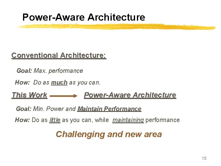 Power-Aware Architecture Conventional Architecture: Goal: Max. performance How: Do as much as you can.