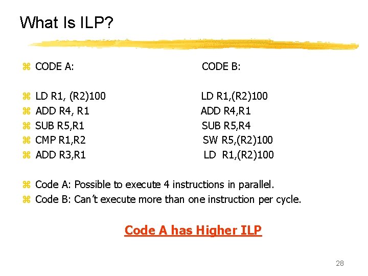 What Is ILP? z CODE A: z z z LD R 1, (R 2)100