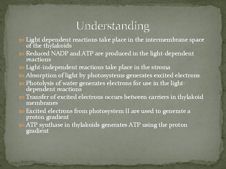 Understanding Light dependent reactions take place in the intermembrane space of the thylakoids Reduced