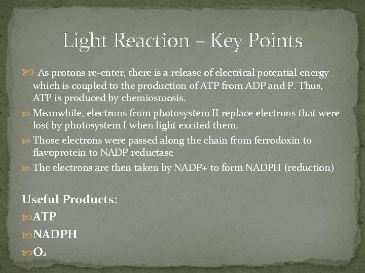 Light Reaction – Key Points As protons re-enter, there is a release of electrical