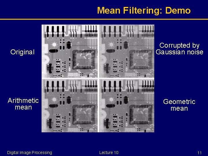 Mean Filtering: Demo Original Corrupted by Gaussian noise Arithmetic mean Geometric mean Digital Image