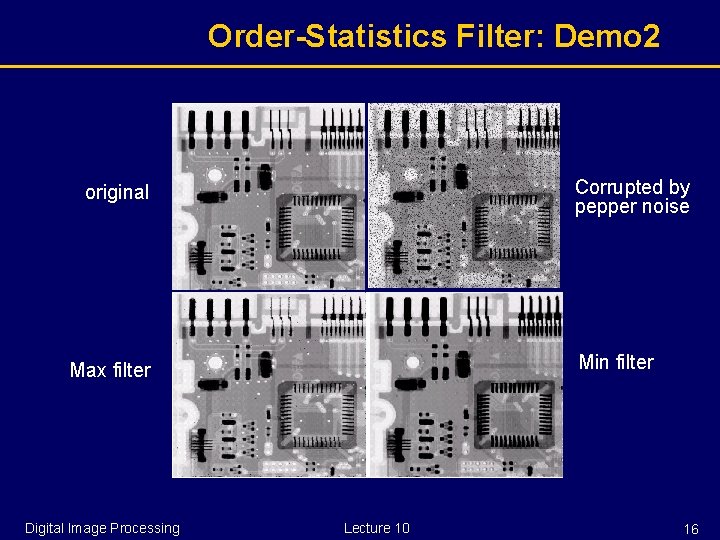 Order-Statistics Filter: Demo 2 Corrupted by pepper noise original Max filter Digital Image Processing