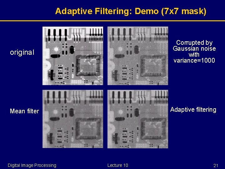 Adaptive Filtering: Demo (7 x 7 mask) Corrupted by Gaussian noise with variance=1000 original