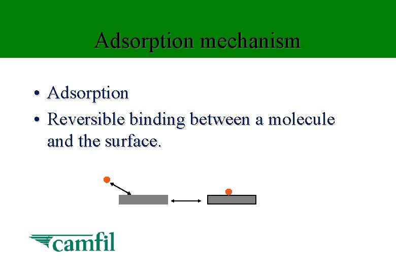 Adsorption mechanism • Adsorption • Reversible binding between a molecule and the surface. 