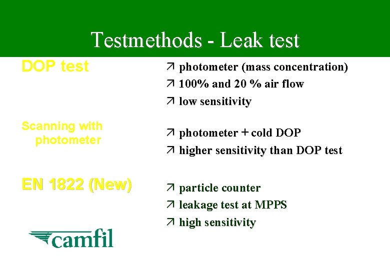 Testmethods - Leak test DOP test Scanning with photometer EN 1822 (New) ä photometer