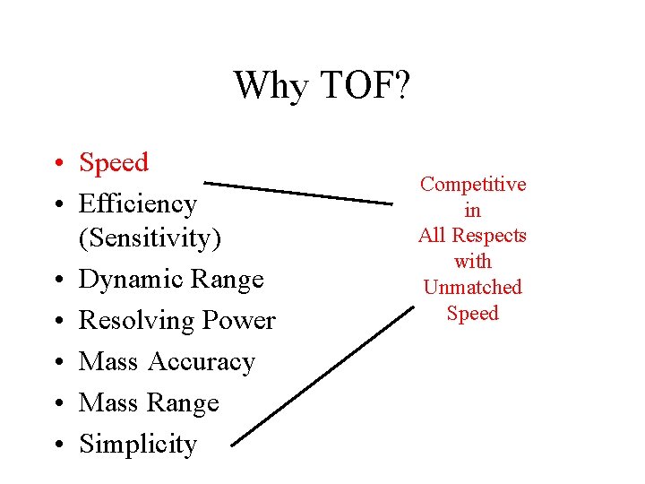 Why TOF? • Speed • Efficiency (Sensitivity) • Dynamic Range • Resolving Power •