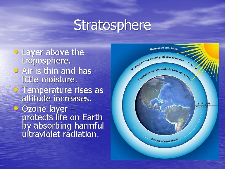 Stratosphere • Layer above the • • • troposphere. Air is thin and has