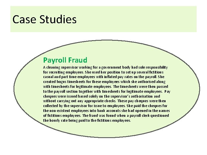 Case Studies Payroll Fraud A cleaning supervisor working for a government body had sole