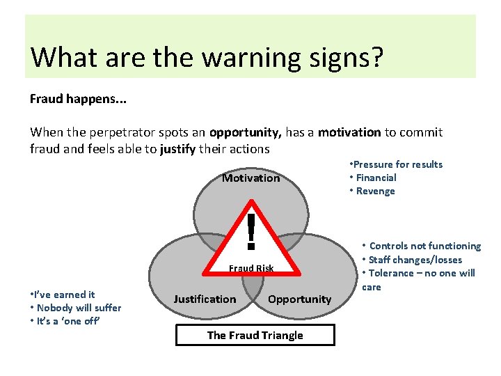 What are the warning signs? Fraud happens. . . When the perpetrator spots an