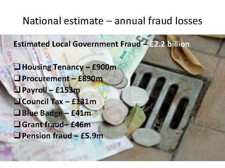 National estimate – annual fraud losses Estimated Local Government Fraud – £ 2. 2