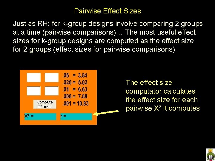 Pairwise Effect Sizes Just as RH: for k-group designs involve comparing 2 groups at