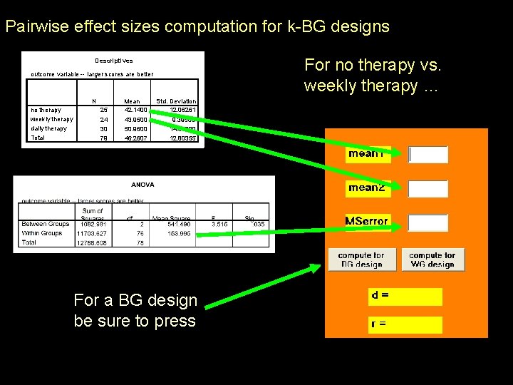 Pairwise effect sizes computation for k-BG designs For no therapy vs. weekly therapy …