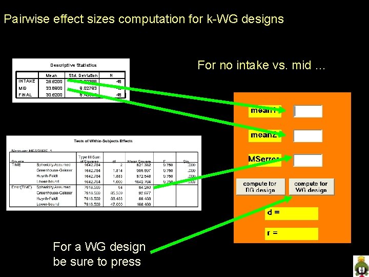 Pairwise effect sizes computation for k-WG designs For no intake vs. mid … Descriptive